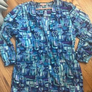 Cherokee scrub jacket. Turquoise/purple hearts button close tie waist M